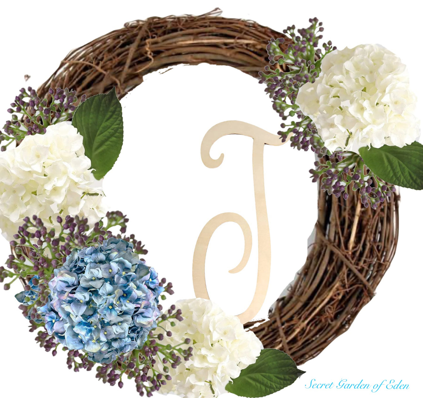 Monogram Initial Hydrangea and Chokeberry Wreath in Light Blue/Lavender and Ivory