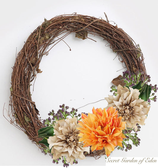 Grapevine Dahlia and Chokeberry Wreath in Taupe and Orange