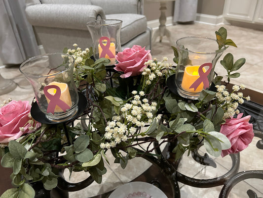 Breast Cancer Awareness Roses & Baby’s Breath Candelabrum