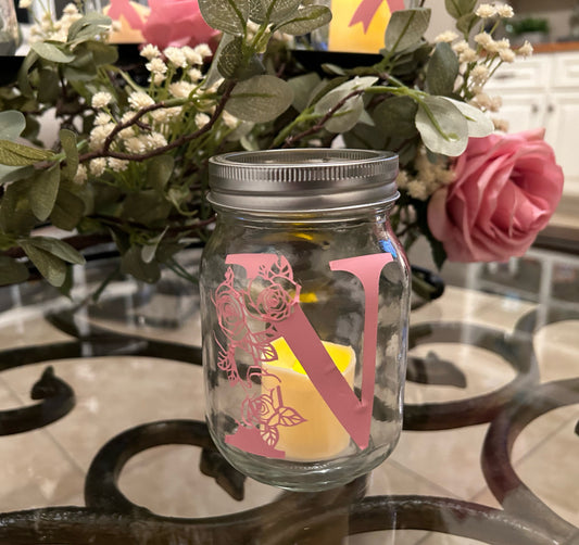 Mason Jar Candle Holder in Pink Floral Initial