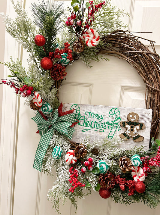 Grapevine Red & Green Peppermint Christmas Wreath