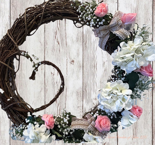 Hearts of Love Pink Roses Grapevine Wreath