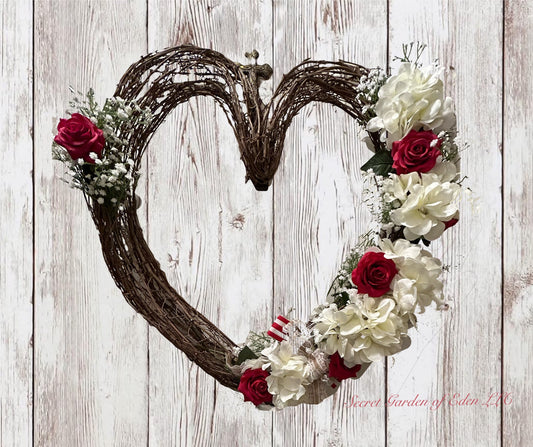 Heart of Love Hydrangea & Red Roses Grapevine Wreath