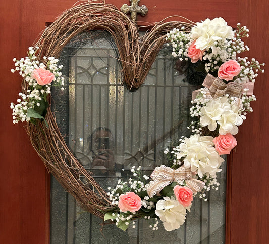 Heart of Love Hydrangea and Pink Roses Grapevine Wreath