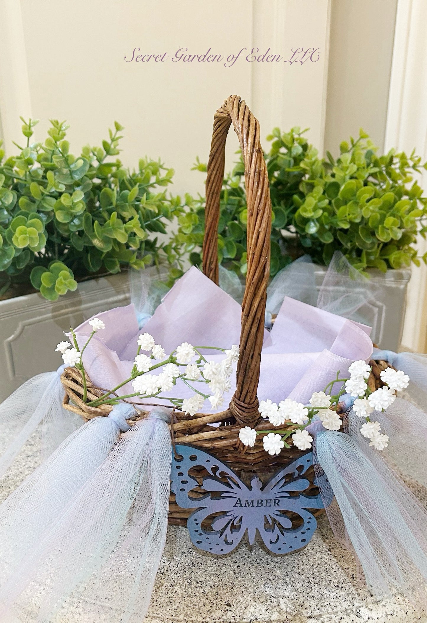 Personalized Spring Grapevine Easter Basket in Lavender and Teal