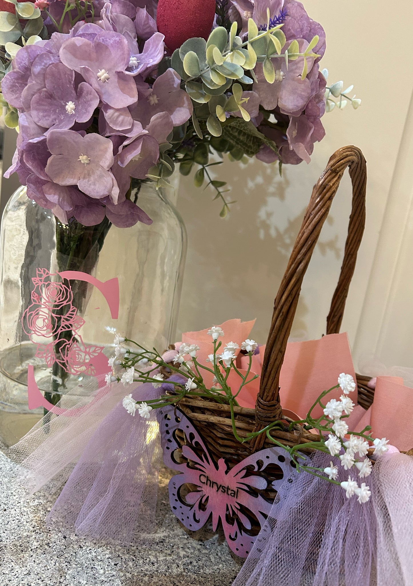 Personalized Spring Grapevine Easter Basket in Pink & Lavender