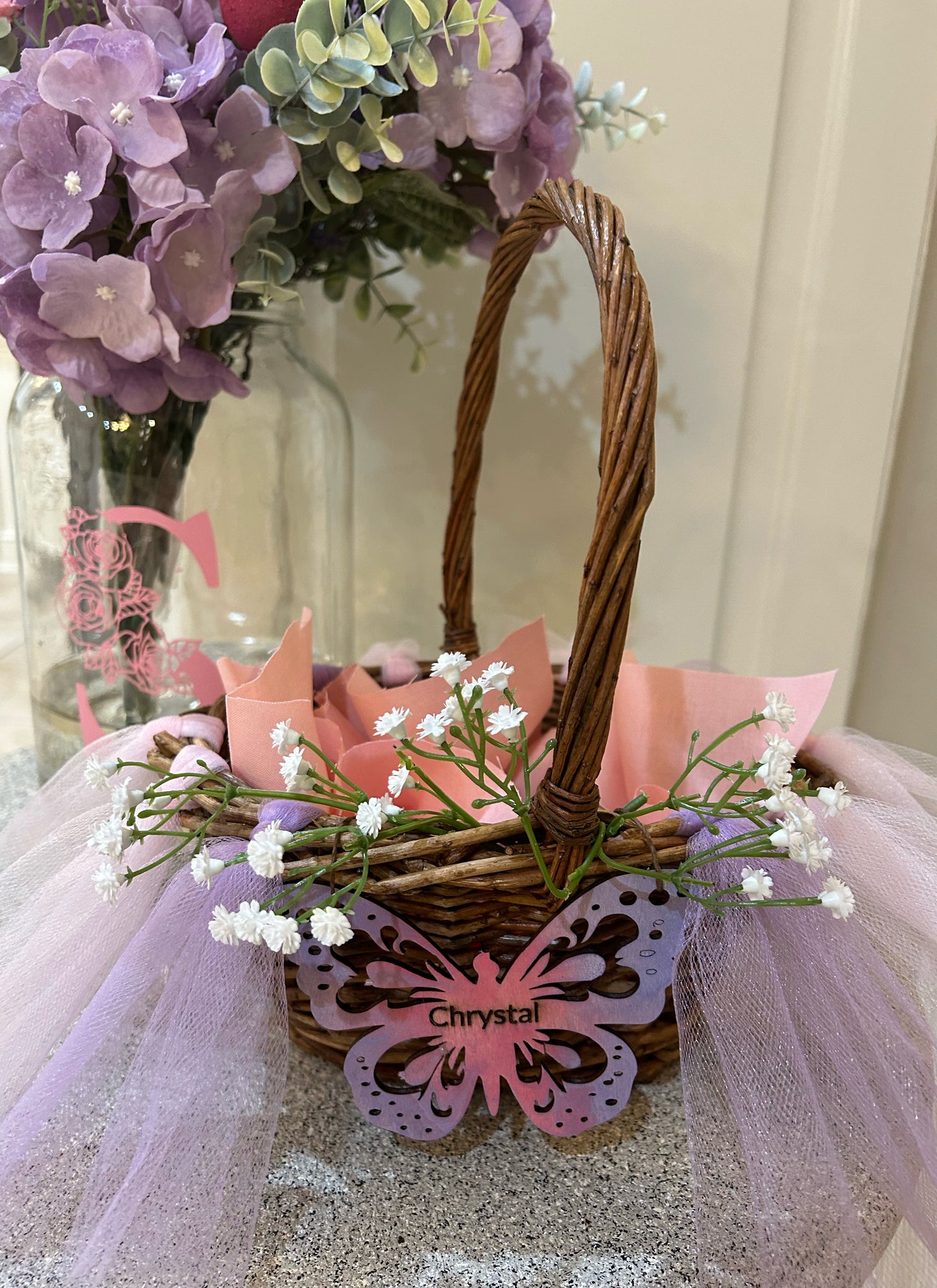 Personalized Spring Grapevine Easter Basket in Pink & Lavender