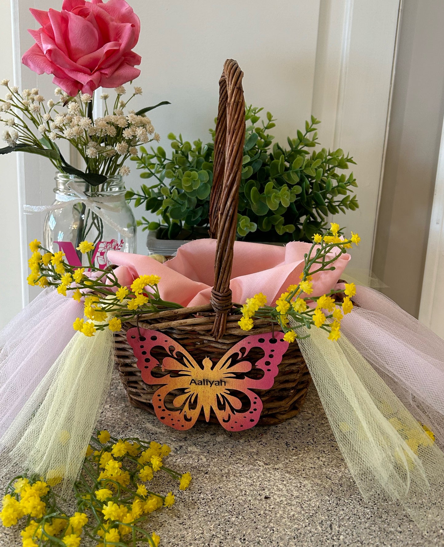 Personalized Spring Grapevine Easter Basket in Pink & Yellow