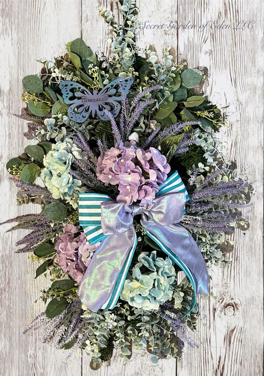 Personalized Spring Hydrangea Floral Swag in Lavender and Teal