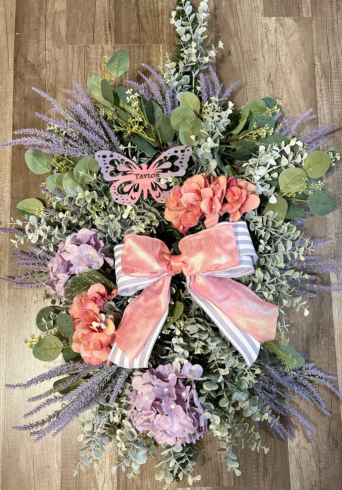 Personalized Spring Hydrangea Floral Swag in Lavender & Pink