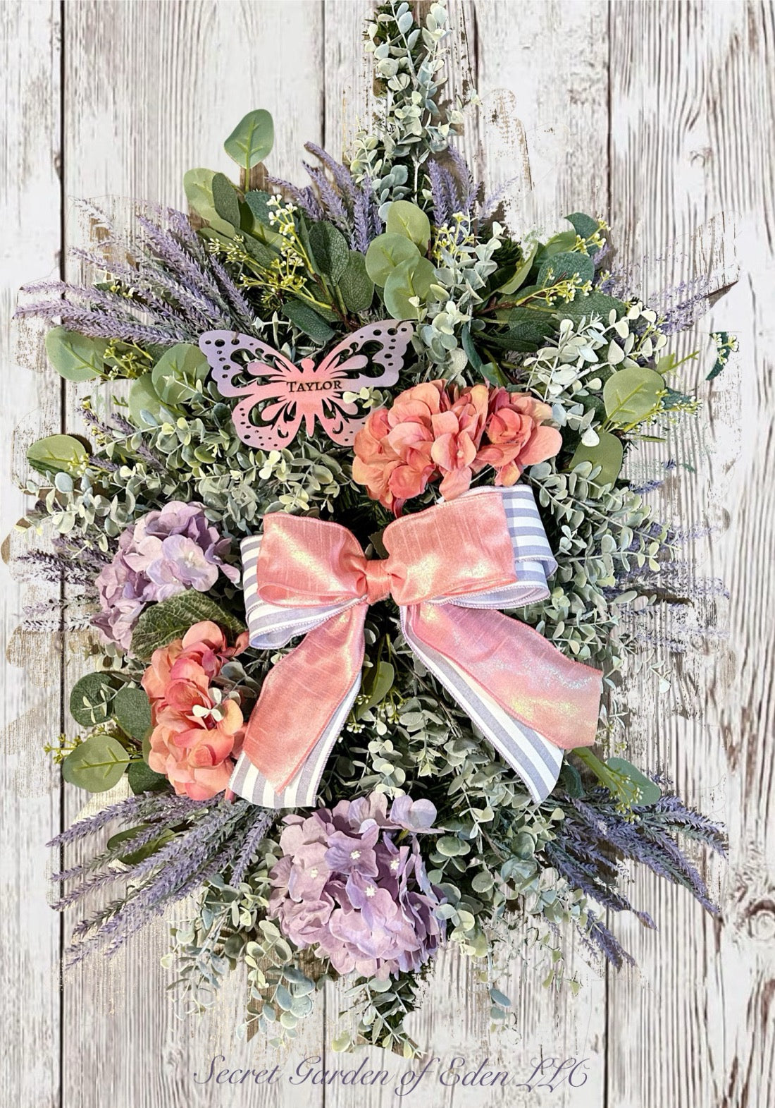 Personalized Spring Hydrangea Floral Swag in Lavender & Pink