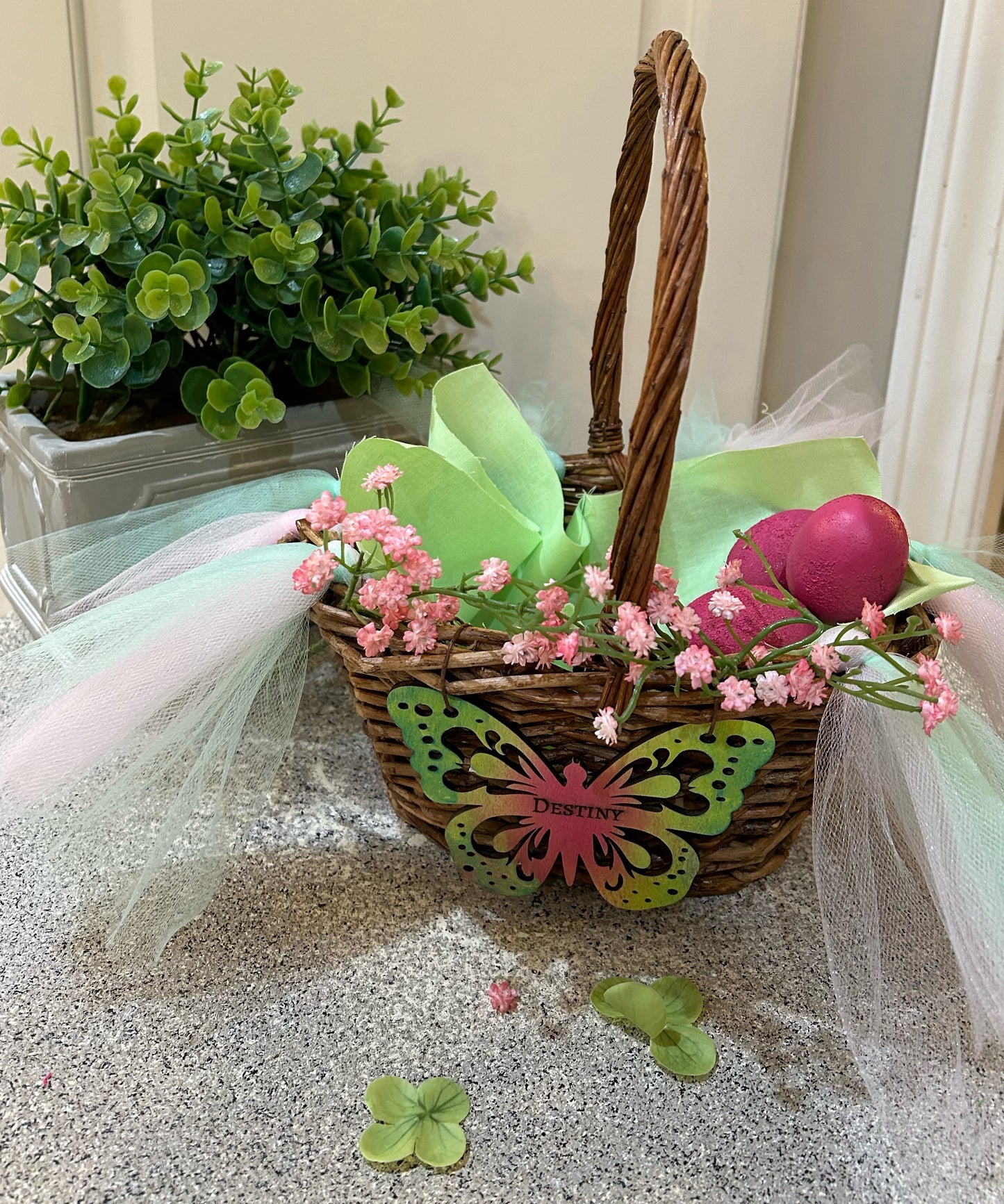 Personalized Spring Grapevine Easter Basket in Pink & Green