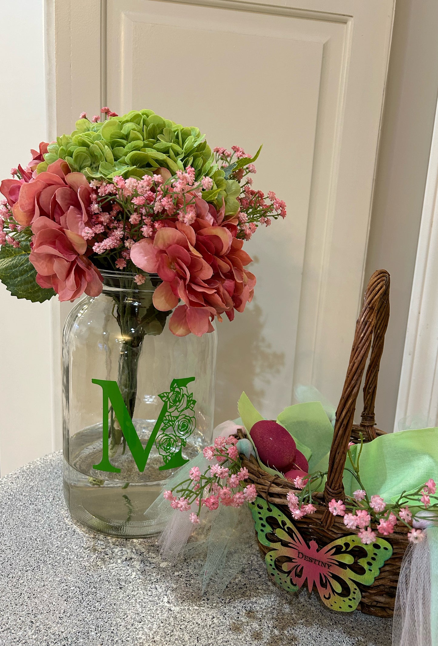 Personalized Spring Grapevine Easter Basket in Pink & Green