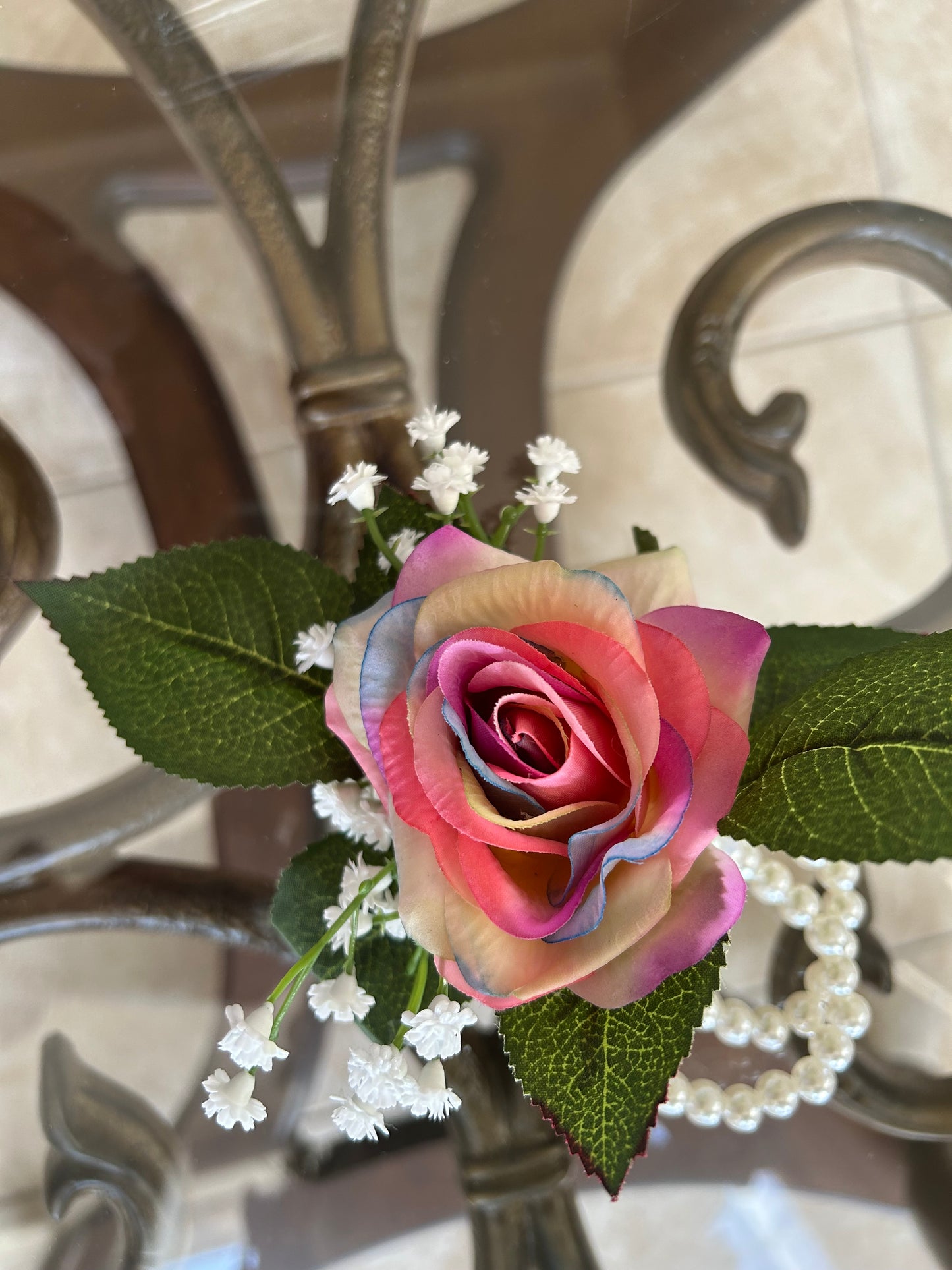 Multi-Color Rose & Baby’s Breath Pearl Wristband Corsage