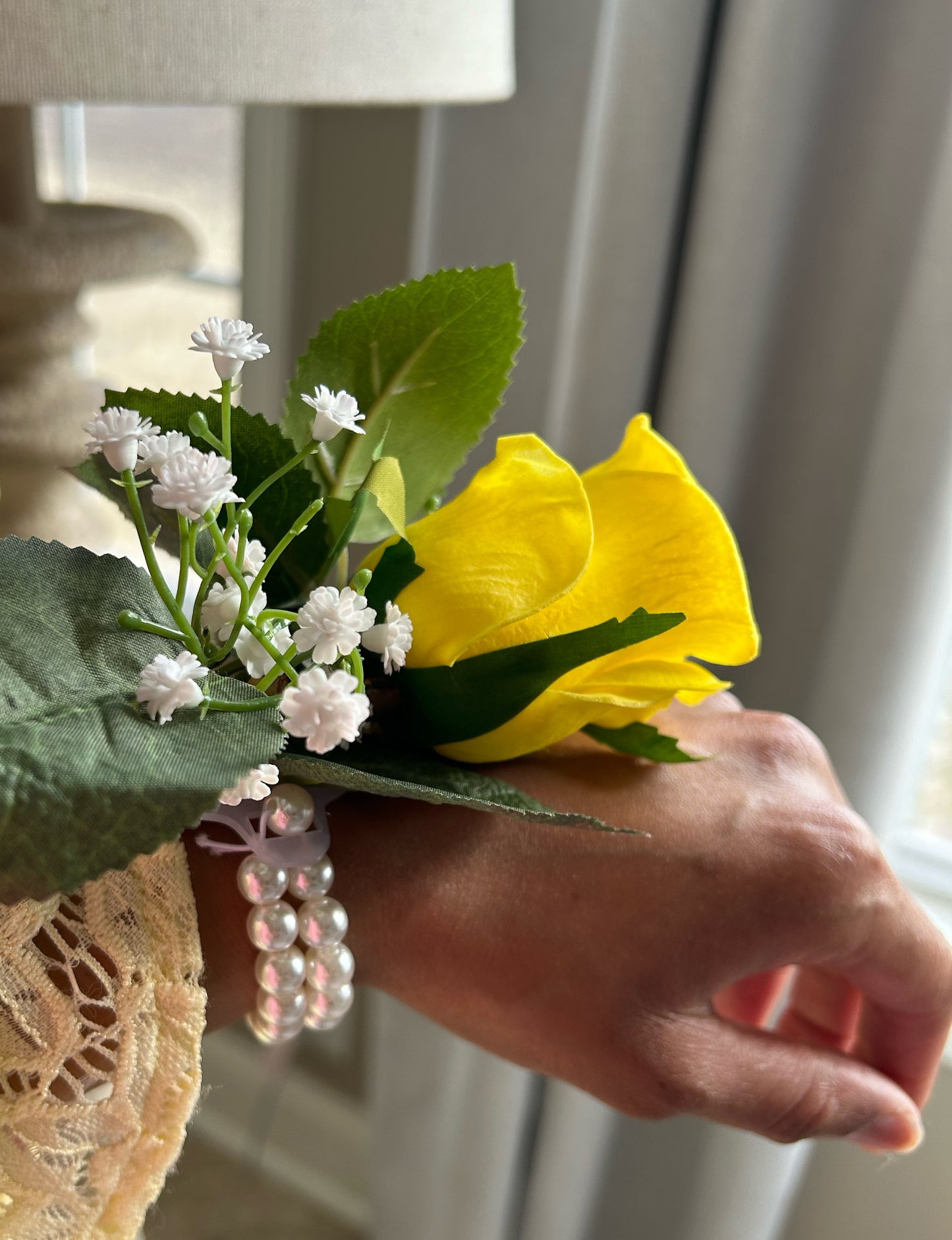 Yellow Rose & Baby’s Breath Pearl Wristband Corsage