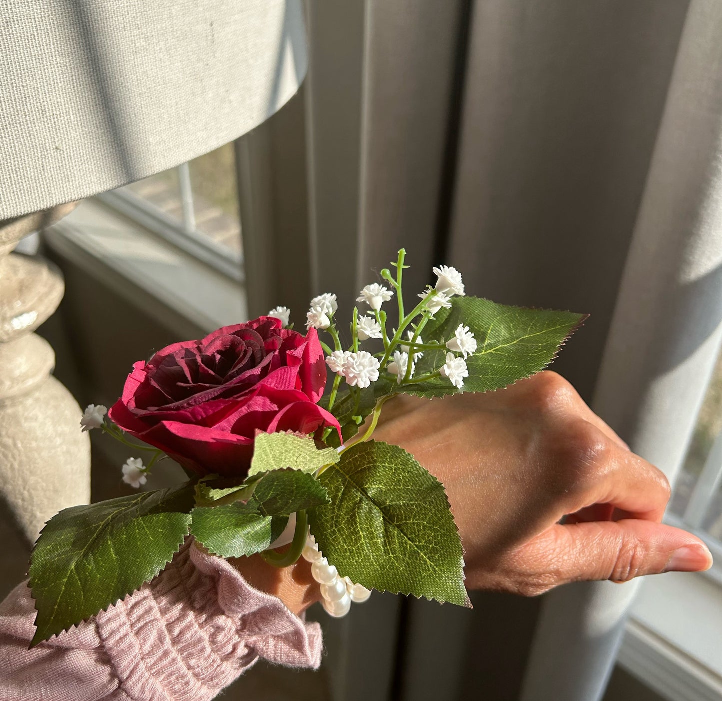 Red Rose & Baby’s Breath Pearl Wristband Corsage