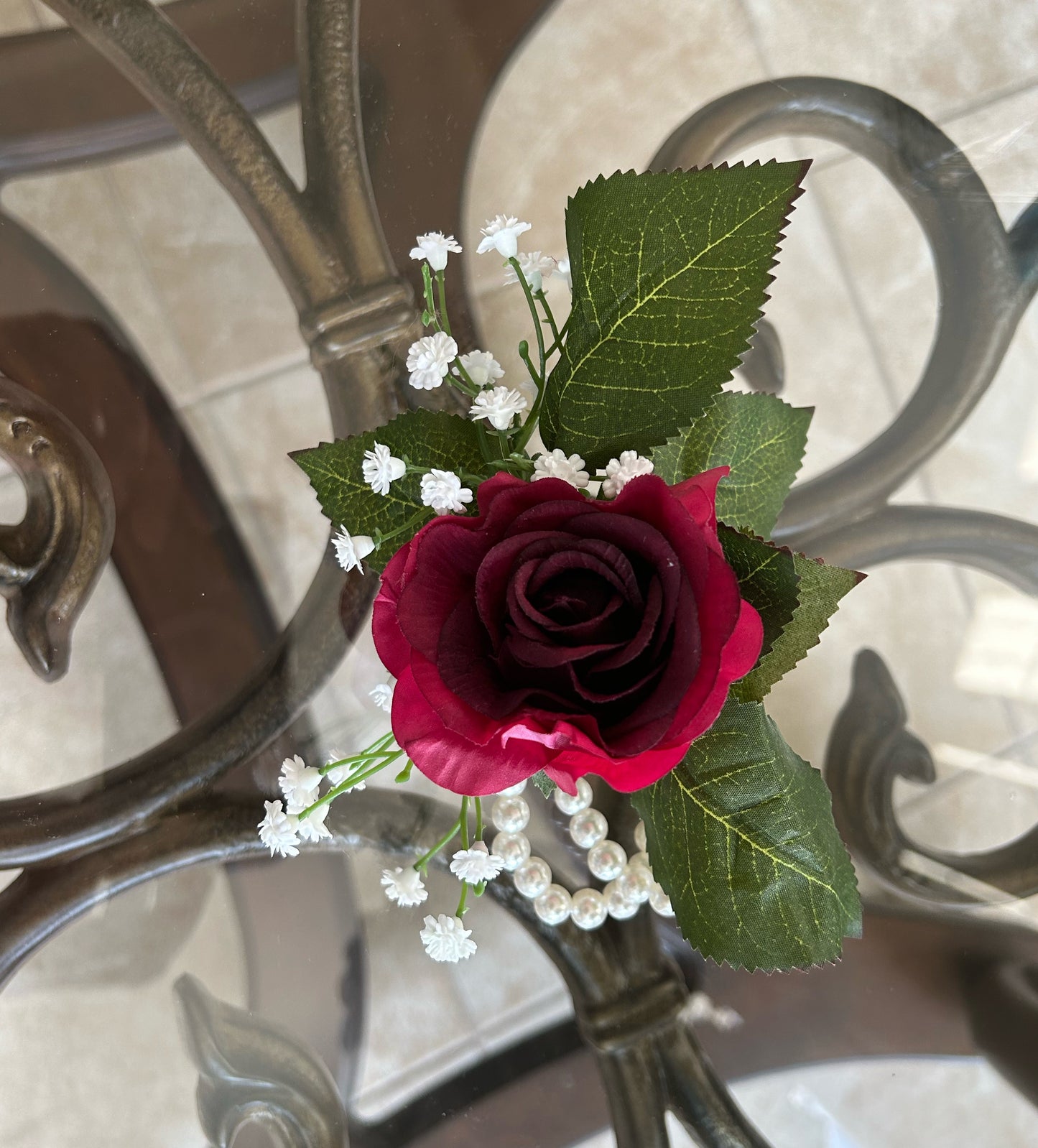 Red Rose & Baby’s Breath Pearl Wristband Corsage