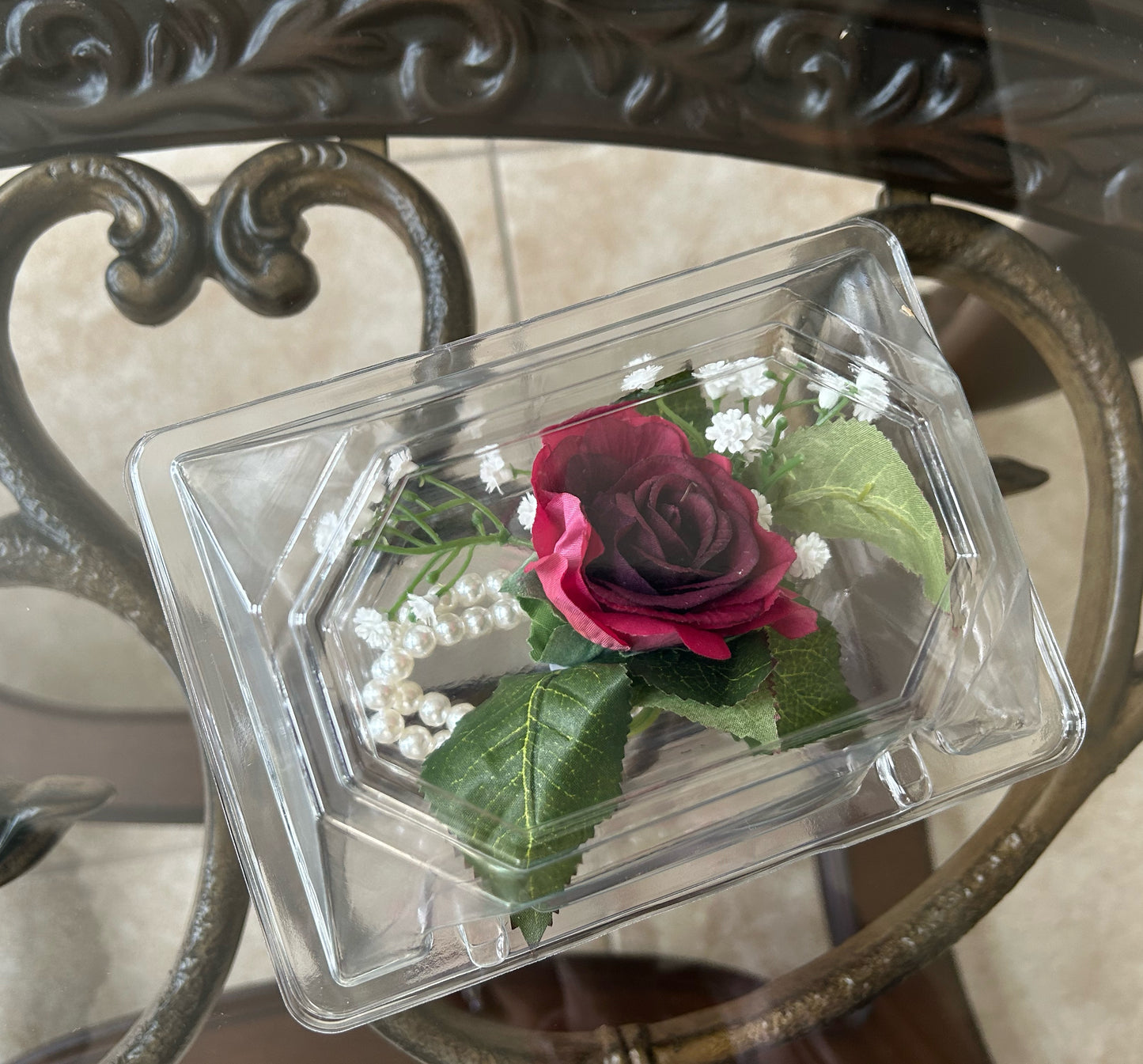 Red Rose & Baby’s Breath Pearl Wristband Corsage