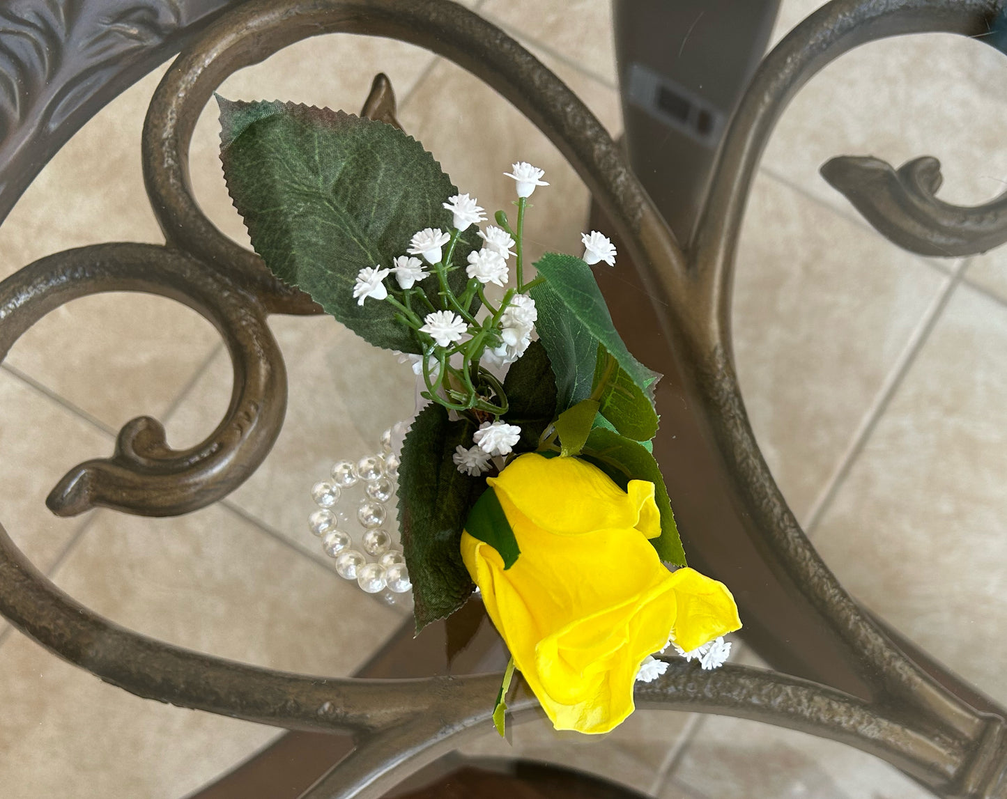 Yellow Rose & Baby’s Breath Pearl Wristband Corsage