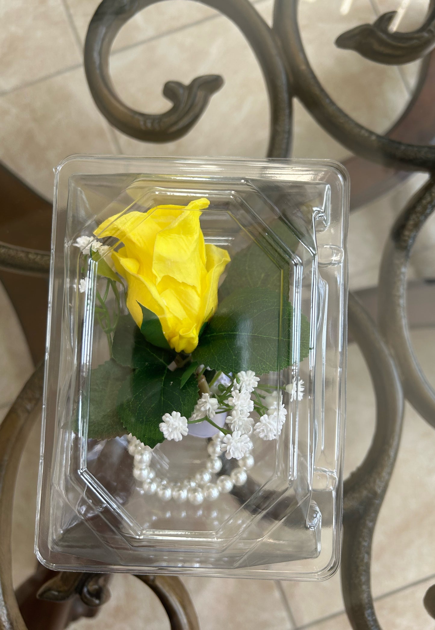 Yellow Rose & Baby’s Breath Pearl Wristband Corsage